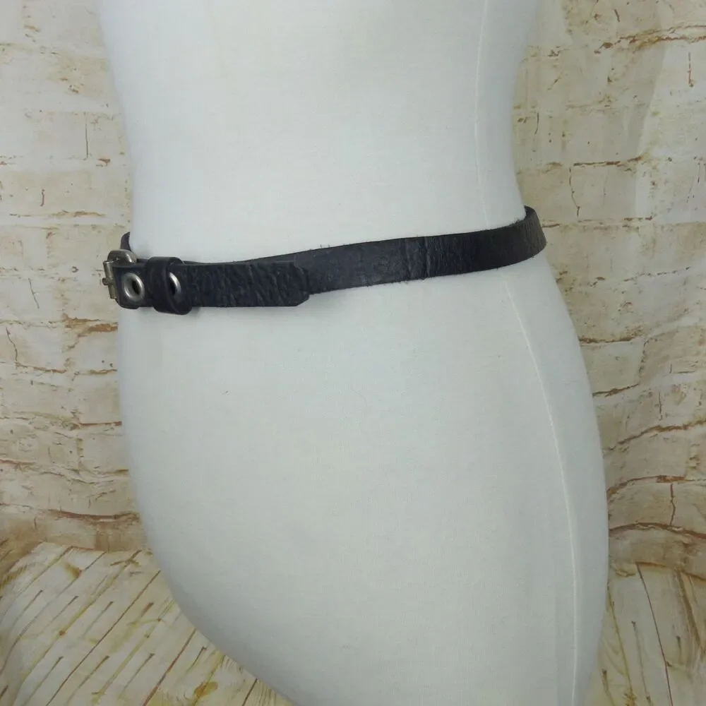 Black Pebbled Genuine Leather Grommet Belt Size 34 Narrow Punk Goth Y2K Rock Emo